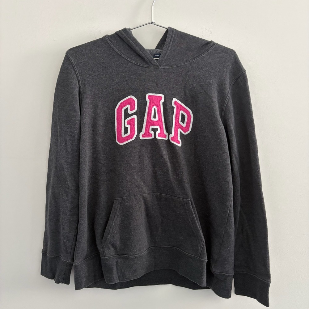Gap Hoodie Womens Large Gray Pink Logo Pullover Fleece Sweatshirt Heathered L